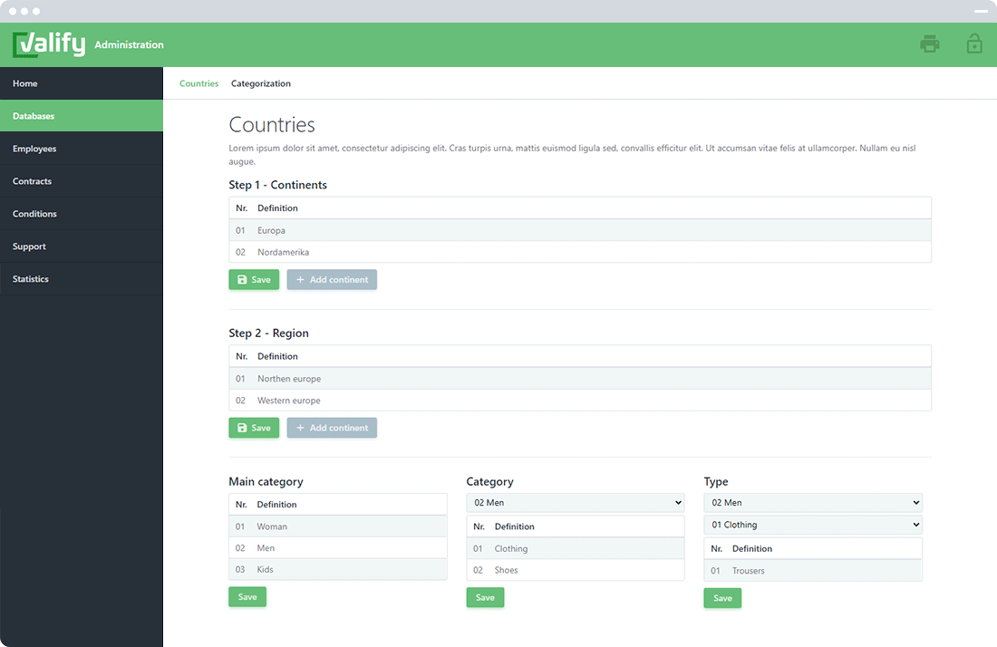Valify back-end screen 1